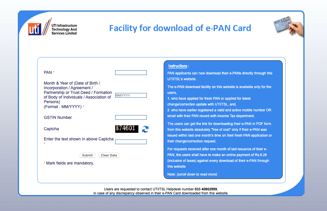 NSDL website page to download e pan card online